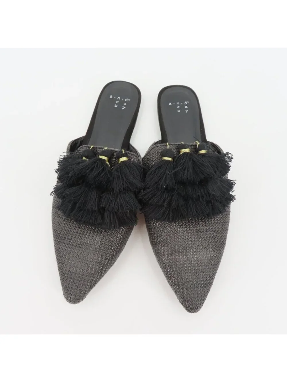 A New Day Women 8 Black Pointed Toe Synthetic Woven Tassel Slides Flats Shoes